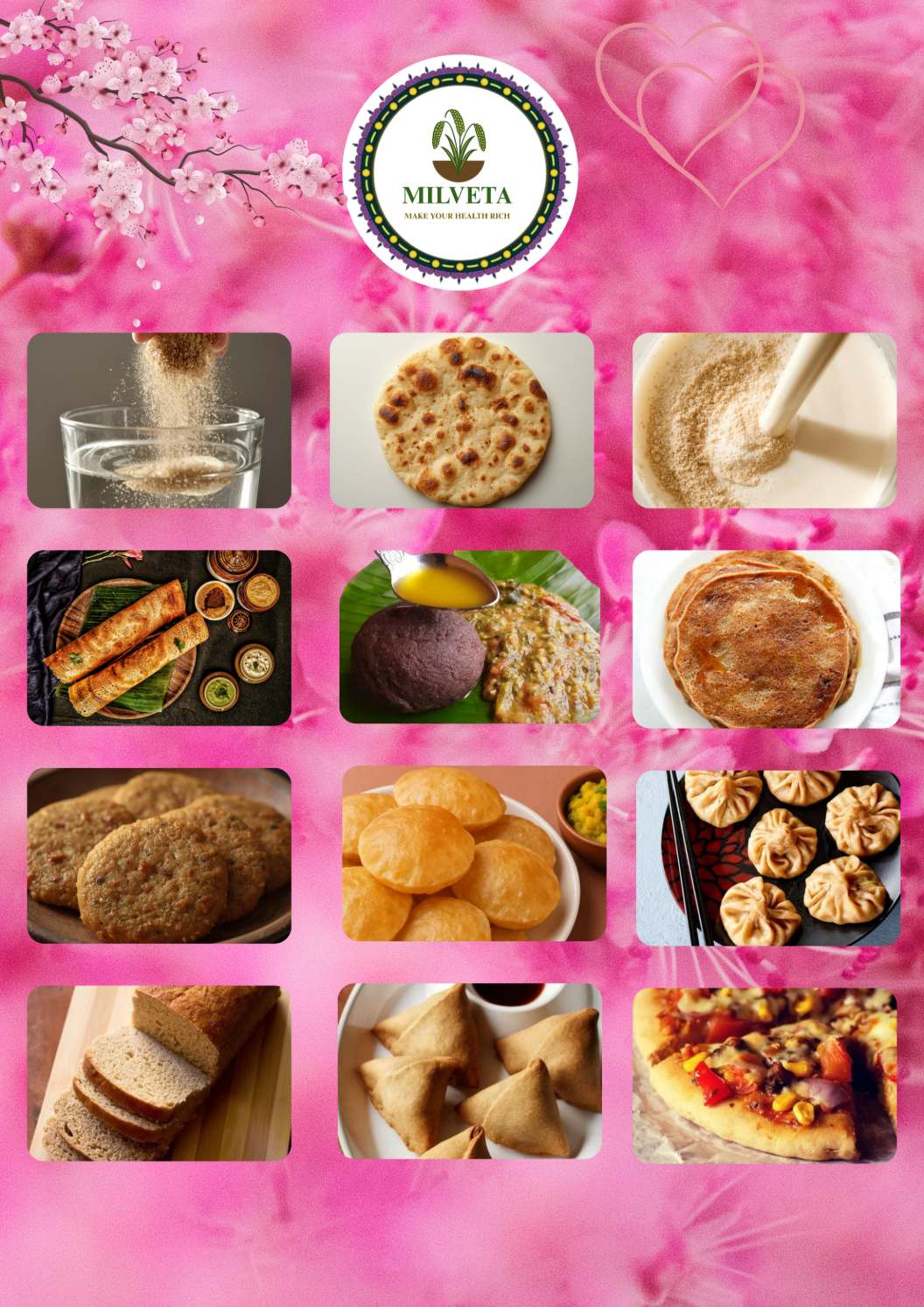 Millets and pulses arranged in a colorful flat-lay collage